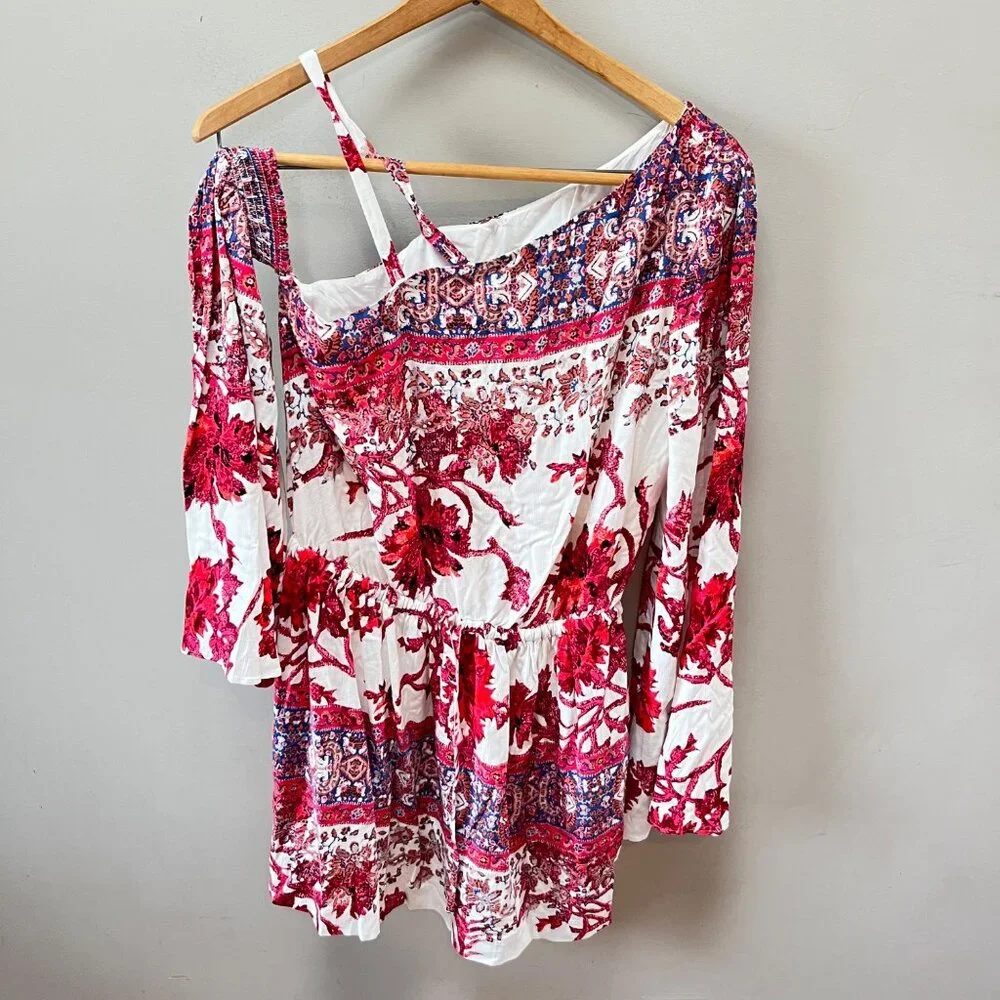Free People NoMad ‎ Boho Off-Shoulder Mini Dress Red & White Floral Print Size S